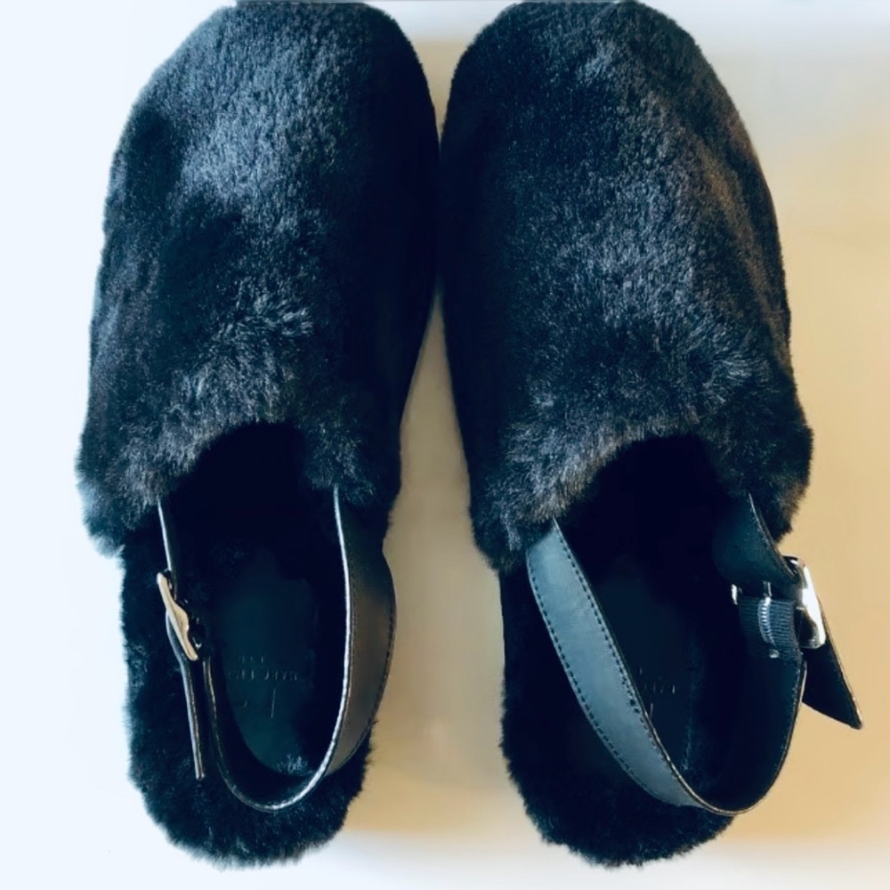 MARC FISHER, Unisex LTD Zister Black Faux Fur Mules with Leather Slingback, Sz 6